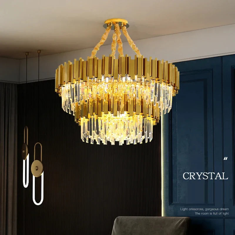 Afralia™ Golden Stainless Steel Crystal Chandelier: Modern Round LED Light for Dining Room