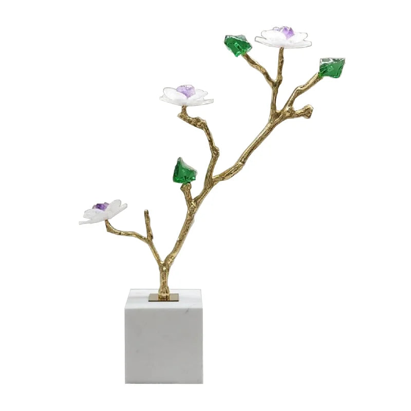 Afralia™ Crystal Flower Tree Sculpture: Golden Branches Metal Figurine for Home Decor