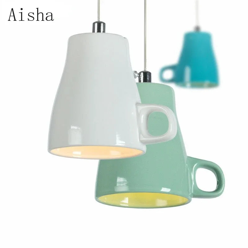 Afralia™ Ceramic Tea Cup Teapot Hanging Lamp Pendant Lights for Dining Room Kitchen