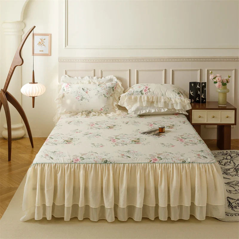 Afralia™ French Country Flowers Print Bedding Set with Lace Ruffles