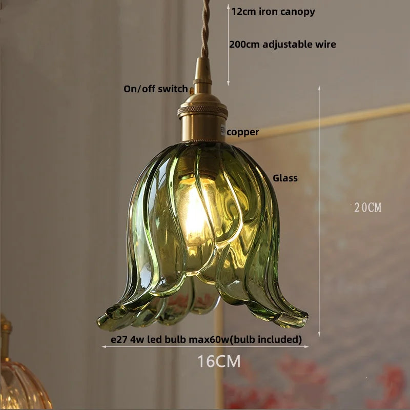 Afralia™ Vintage Green Glass Flower Knob Switch LED Pendant Lights, Copper Hanging Lamp