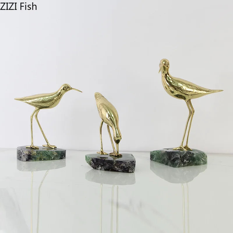 Afralia™ Golden Brass Bird on Marble Base Desk Ornament Statue Artwork Decor