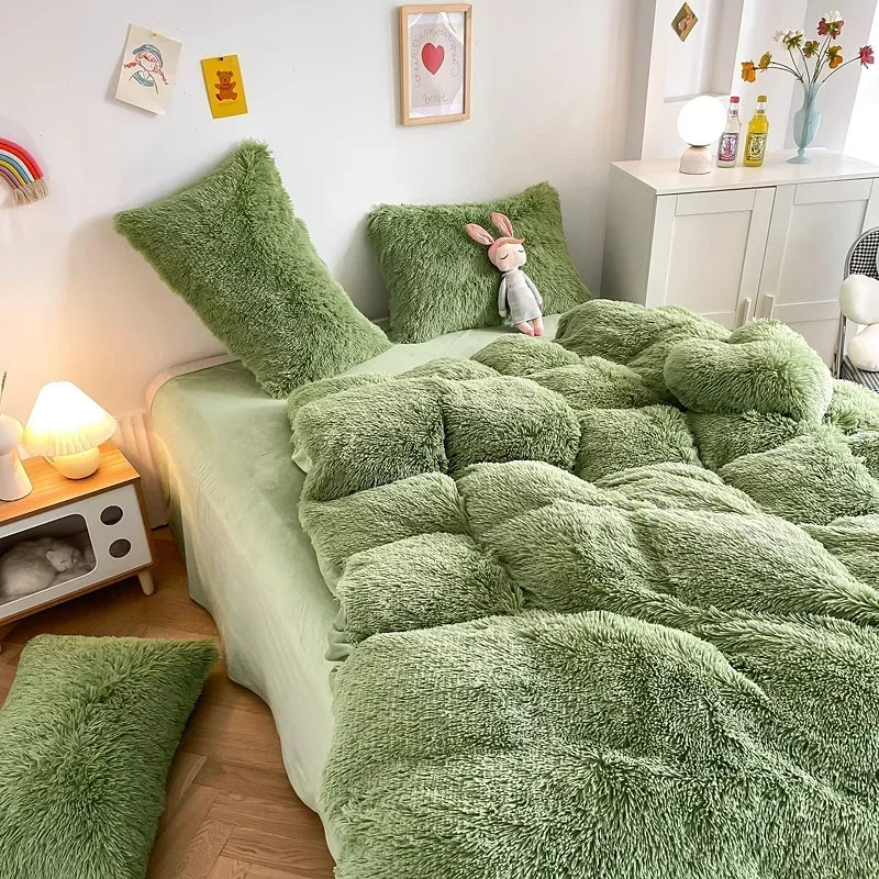 Afralia™ Fluffy Faux Fur Bedding Set: Duvet Cover, Sheet, Pillowcase - Soft & Warm