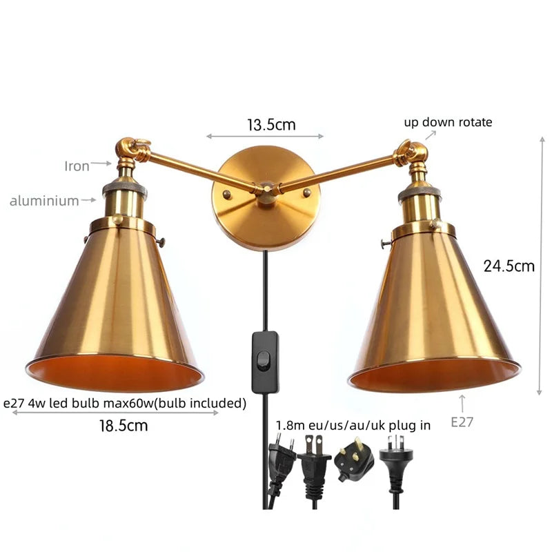 Afralia™ Loft Plug-in LED Wall Lamps Industrial Silver Vintage 2 Heads Lighting