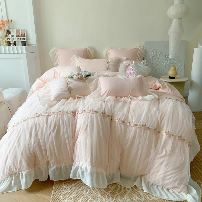 Afralia™ Pink French Princess Lace Ruffles Bedding Set with Pillowcases & Bed Sheet