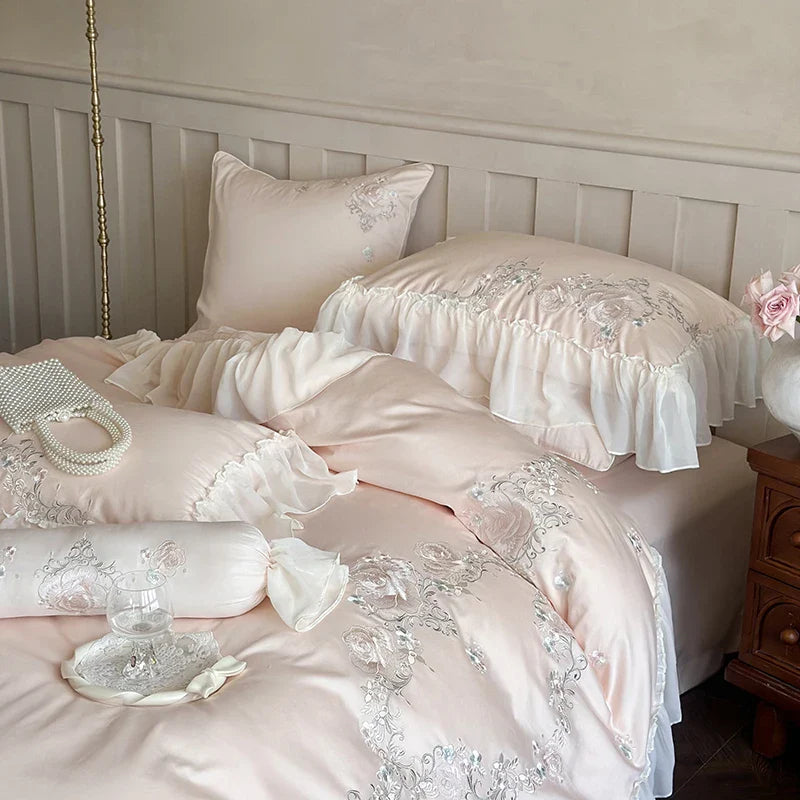 Afralia™ Luxury Flowers Embroidery Bedding Set Queen King Size 1000TC Egyptian Cotton