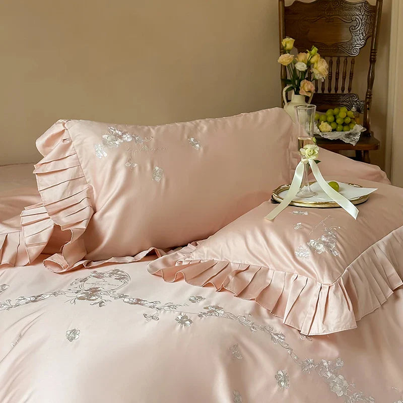 Afralia™ Princess Ruffles Flowers Embroidery 1000TC Egyptian Cotton Bedding Set