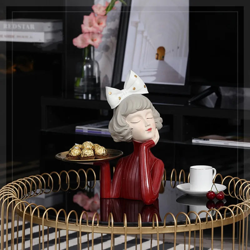 Afralia™ Modern Bow Girl Statue & Storage Tray: Home Decor Figurine, Ornaments, Snacks Holder