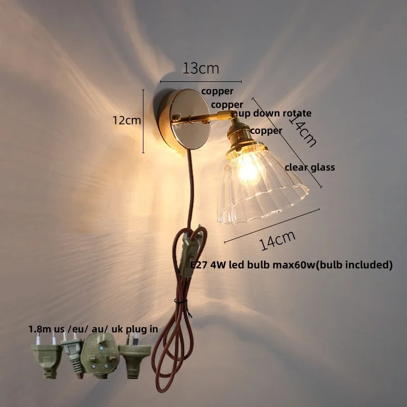 Afralia™ Rotatable LED Wall Sconce Clear Glass Reading Lamp with Pull Chain Switch