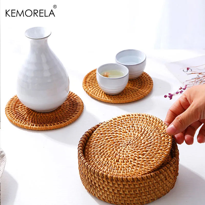 Afralia™ Round Natural Rattan Coasters - Handmade Cup Mat for Kitchen Decoration