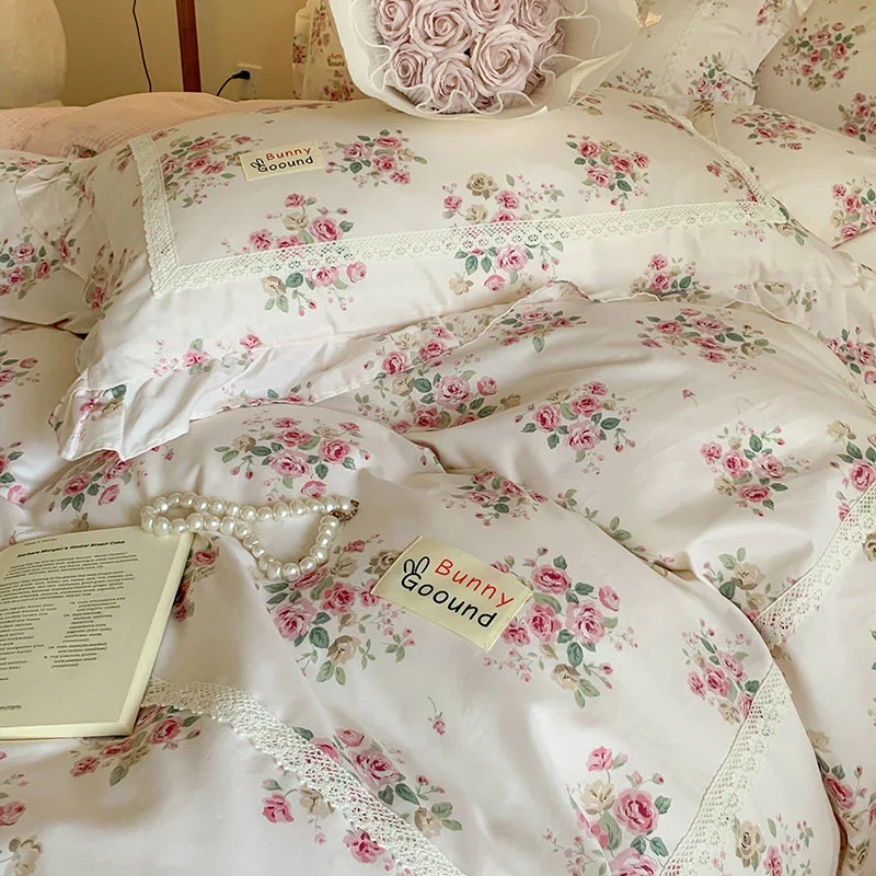 Afralia™ Princess Pastoral Cotton Bedding Set with Lace Ruffles & Floral Design