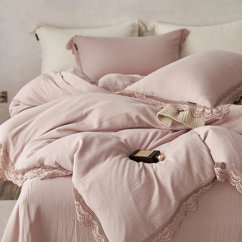 Afralia™ Vintage Lace Edge Cotton Bedding Set: Duvet, Sheets, Pillowcases