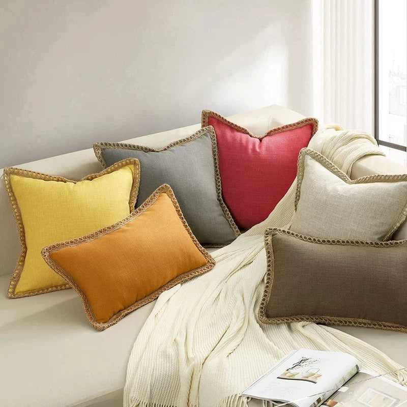 Afralia™ Rustic Linen Cushion Covers Set, Mustard Yellow Decorative Throw Pillows, 30x50cm - 50x50cm