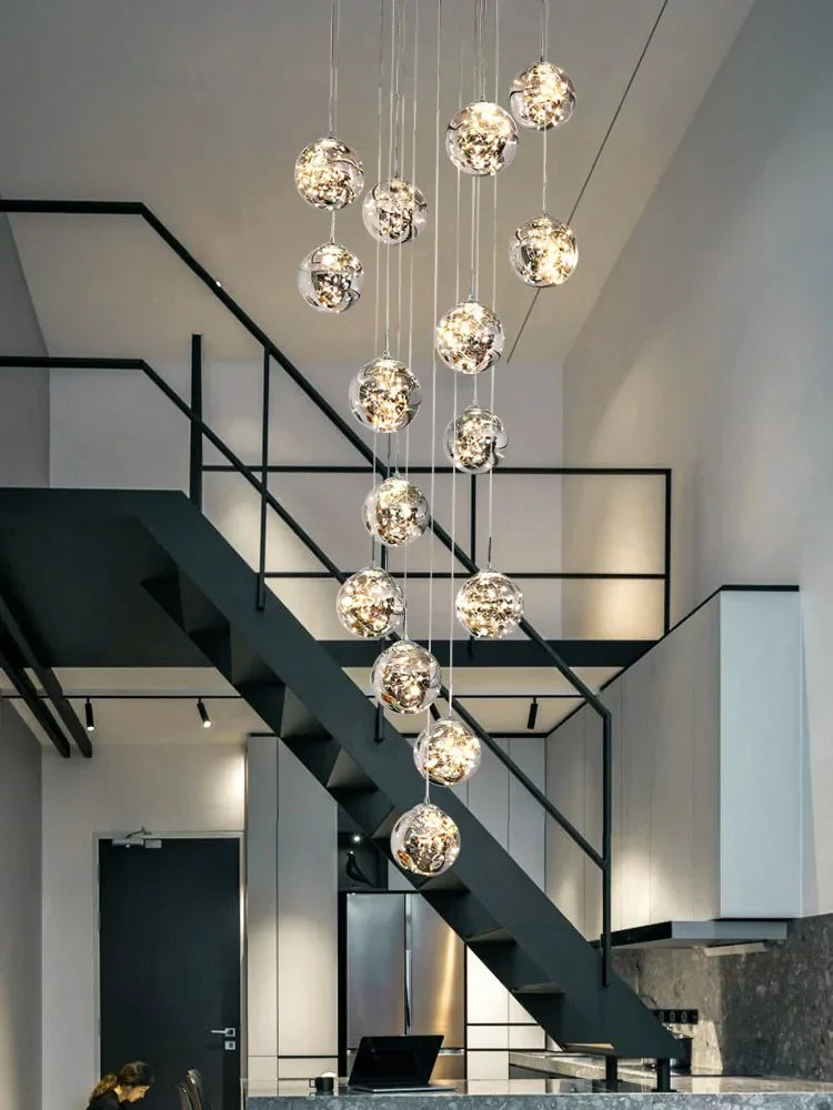 Afralia™ Gold LED Glass Chandelier: Minimalist Round Ball Staircase Lighting Fixtures