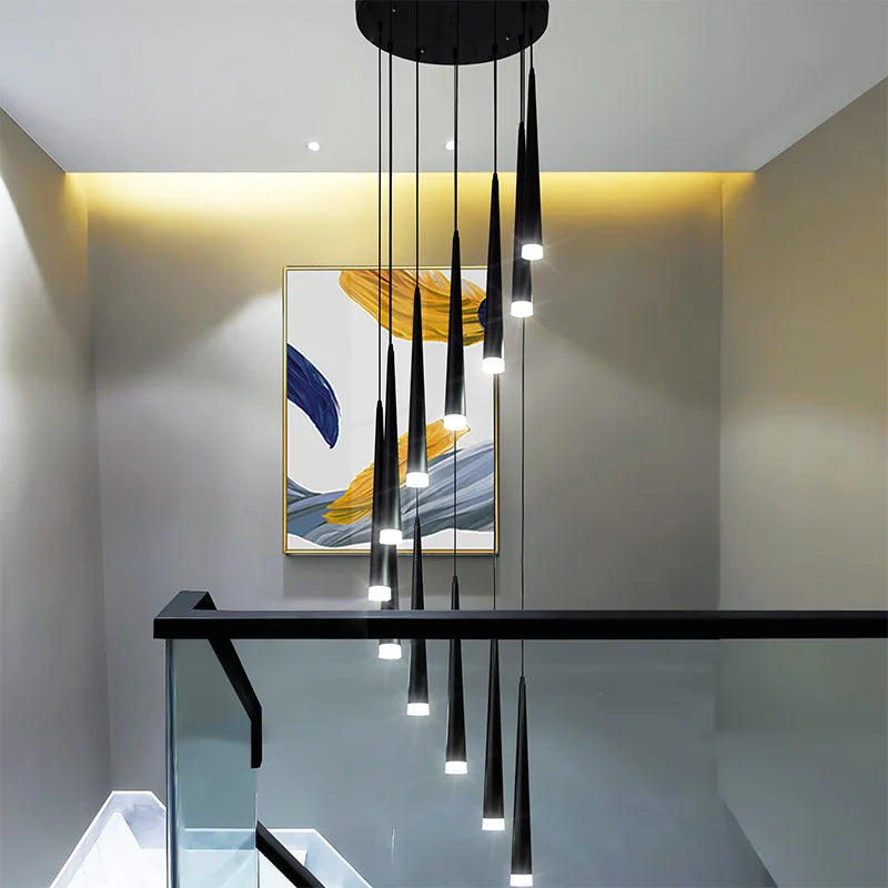 Afralia™ Loft Black LED Stair Chandelier for Modern Living Room and Restaurant