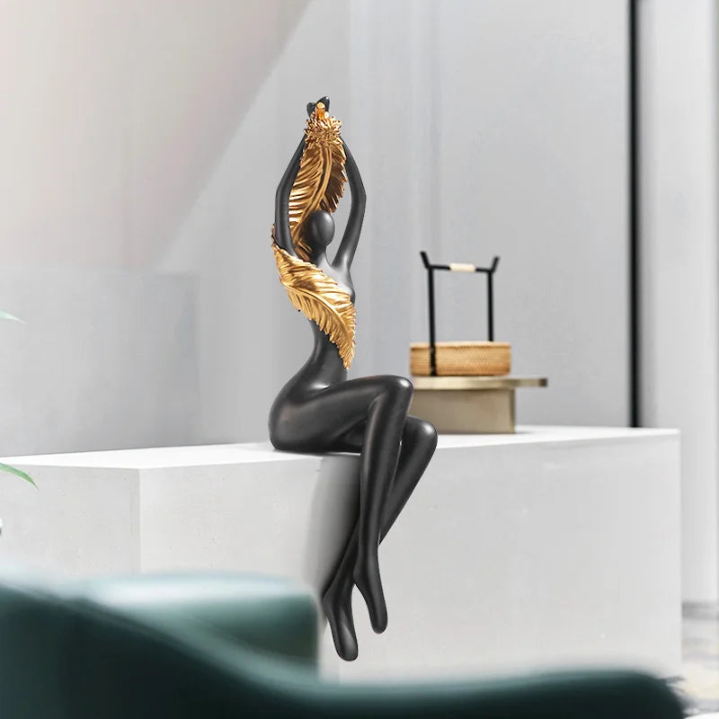 Afralia™ Large Nude Feathered Body Sculpture | Modern Abstract Sitting Figurine Statues