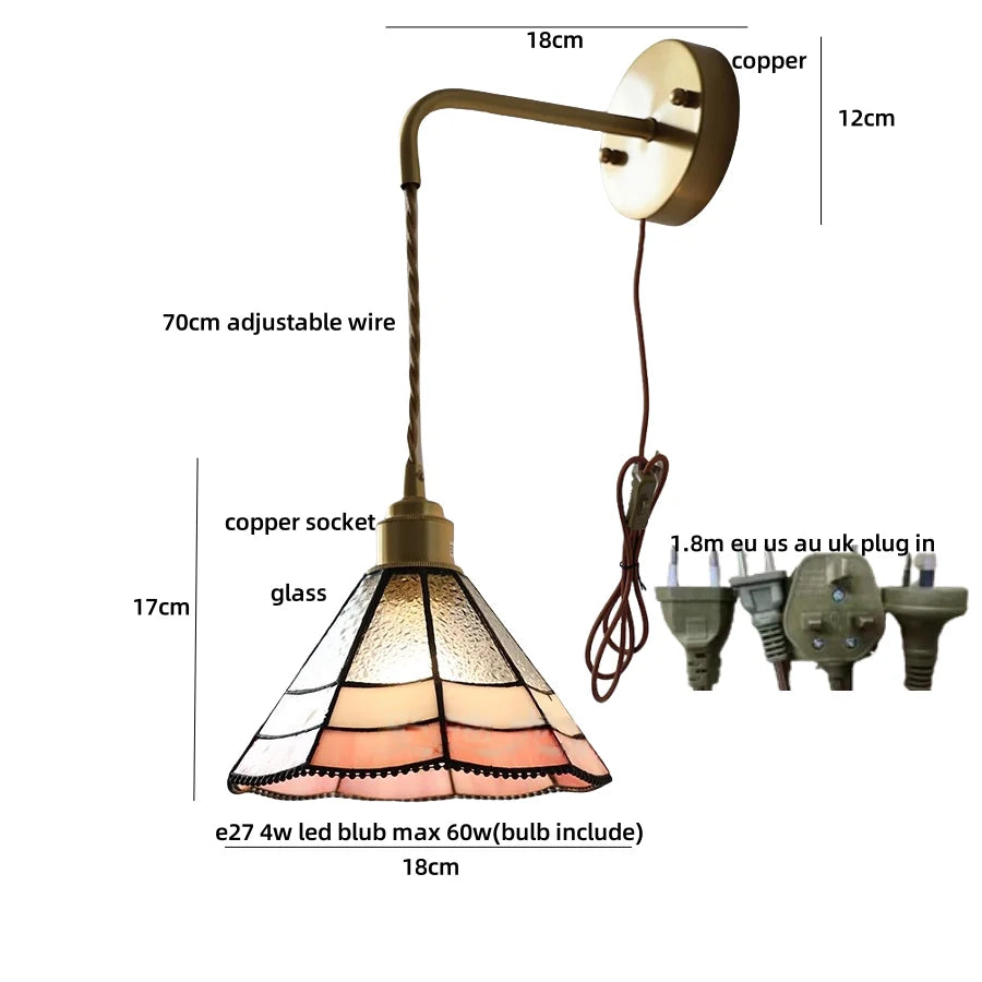 Afralia™ Tiffany Glass LED Wall Sconce | Adjustable Wire Fixture | Modern Pull Chain Switch