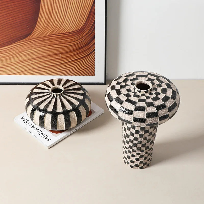 Afralia™ Geometric Check Ceramic Vase for Home Decor and Floral Arrangements