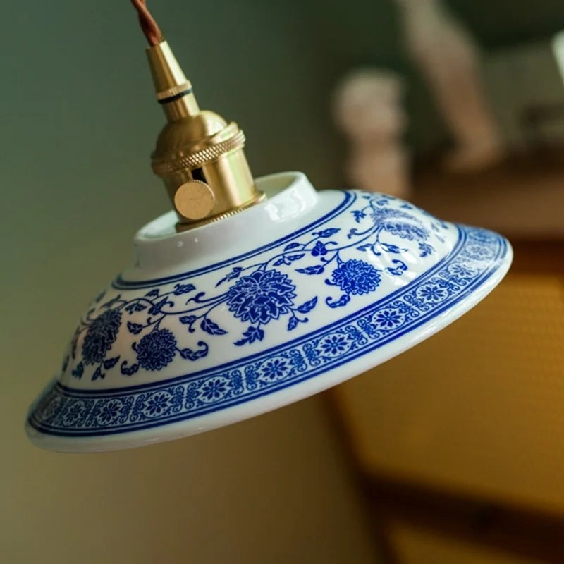 Afralia™ Patterned Ceramics LED Pendant Lights Vintage Copper Hanging Lamp