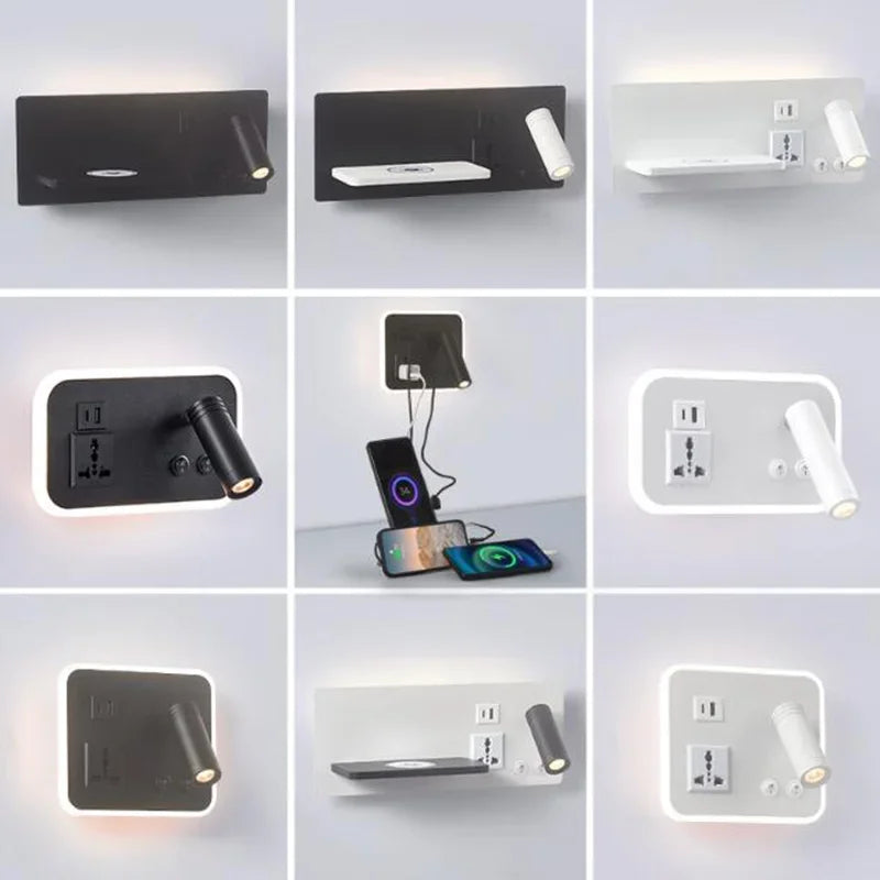 Afralia™ Rotatable LED Wall Lamp with Wireless Charging, USB Port, and Switch