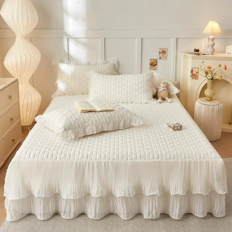 Afralia™ Lace Ruffles Cooling Bed Skirt Set with Pillowcases