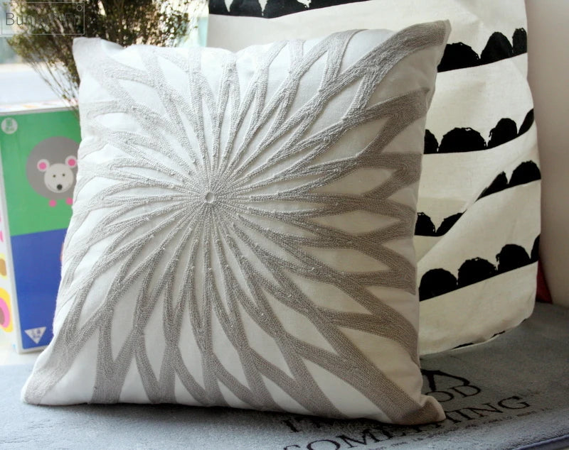 Afralia™ Geometric Embroidered Cushion Cover Light Grey Cotton 45x45cm