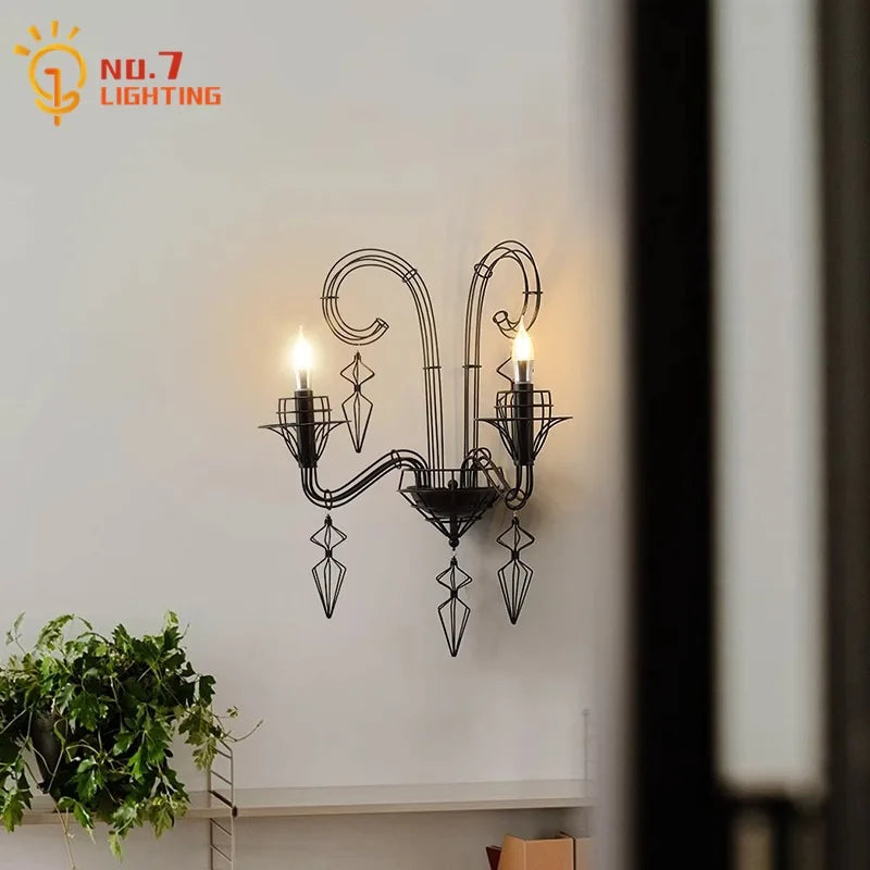 Afralia™ Iron Art Candle Wall Lamp LED E14 Black Retro Industrial Baroque.