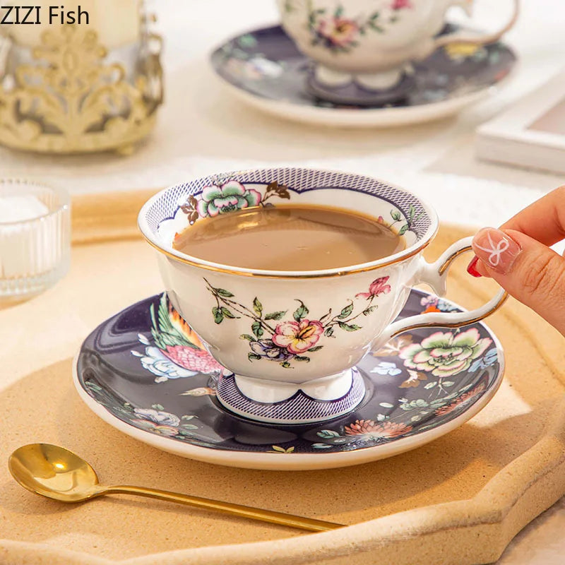 Afralia™ Flowers Pattern Ceramic Cup & Saucer Set for Dining Table, Coffee, Tea, Juice