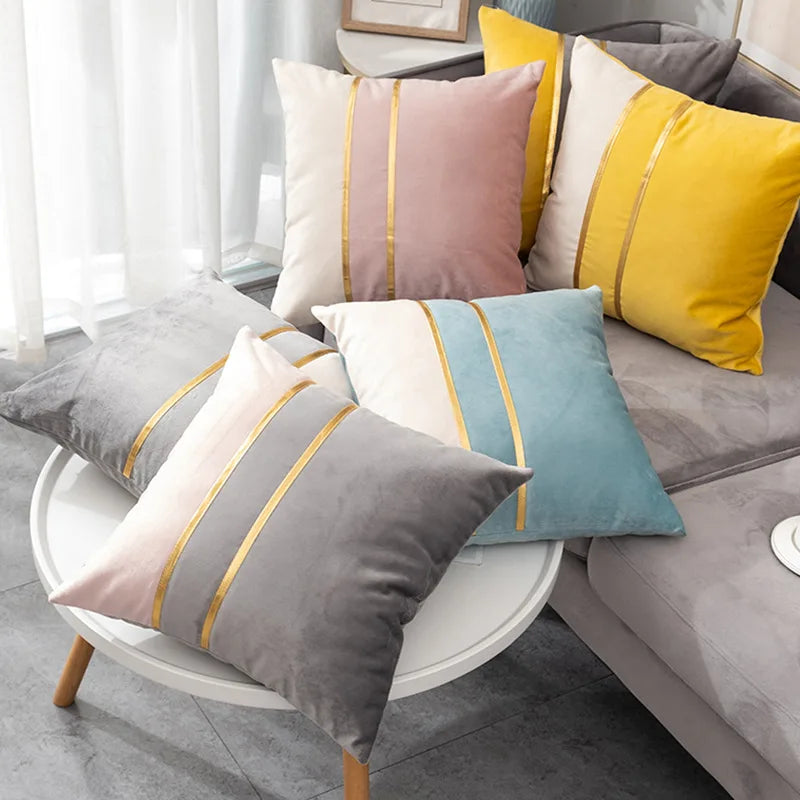 Afralia™ Velvet Sofa Cushion 45x45cm with Fashion Gold Bar Stitching, Decorative Pillows for BedHome