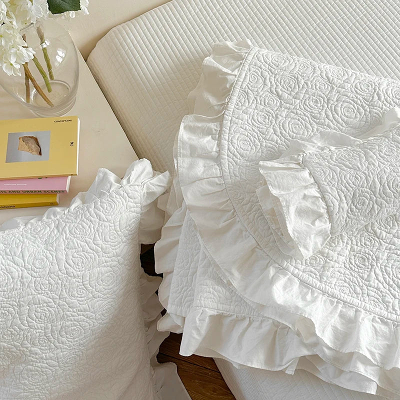 Afralia™ Rose Flower Bed Cover Set: Quilted Washed Cotton with Lace Ruffles, Two-Sided Design