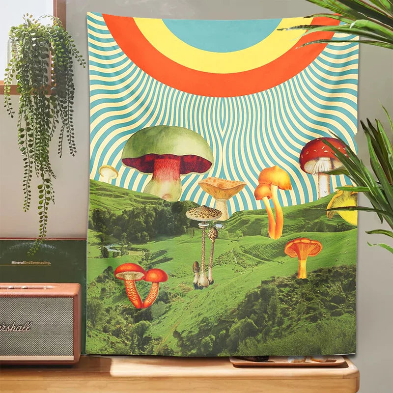 Psychedelic Mushroom Mountain Tapestry by Afralia™ - Hippie Bohemian Wall Decor