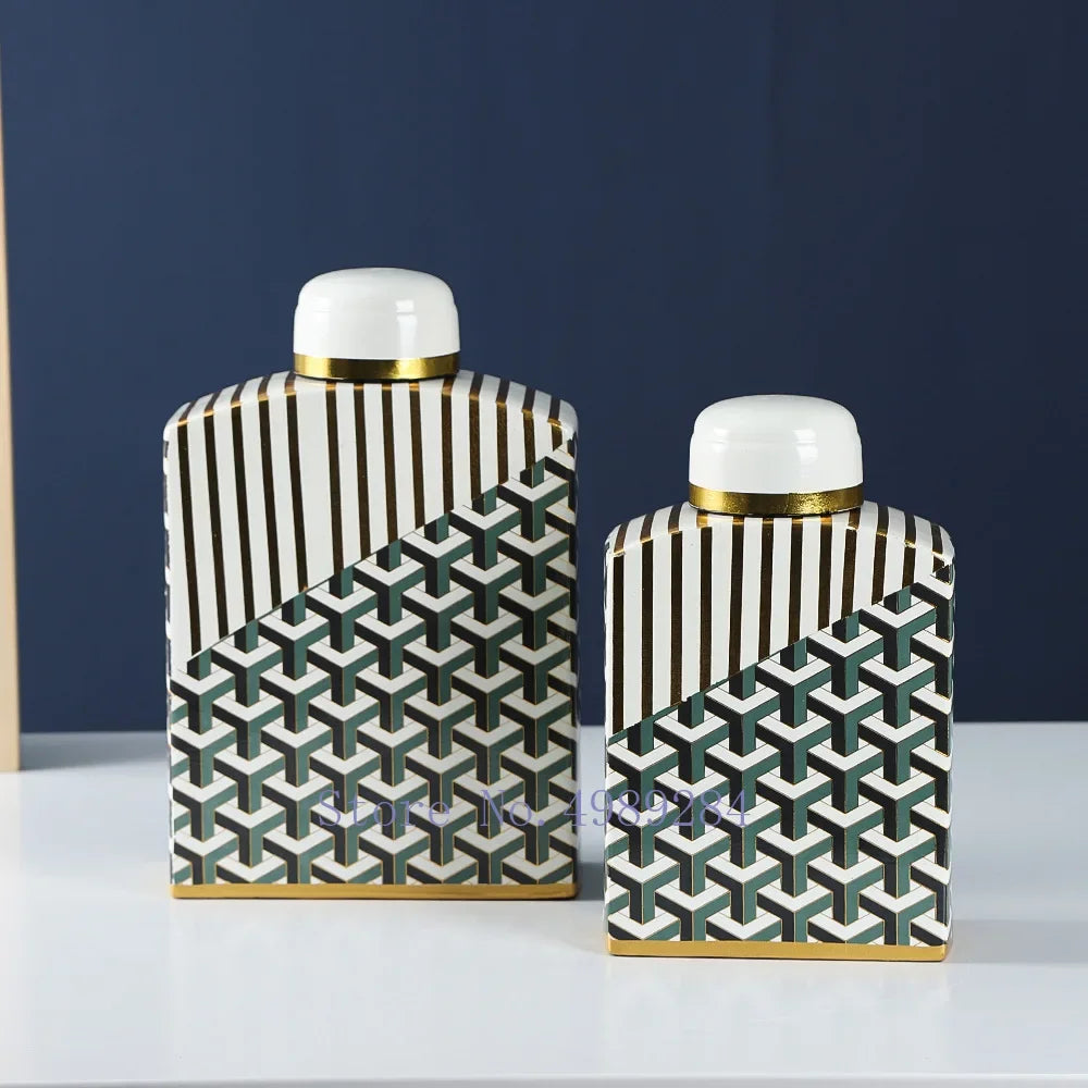 Afralia™ Retro Golden Ceramic Jar Vase Handicraft Square Cover Geometry Decor