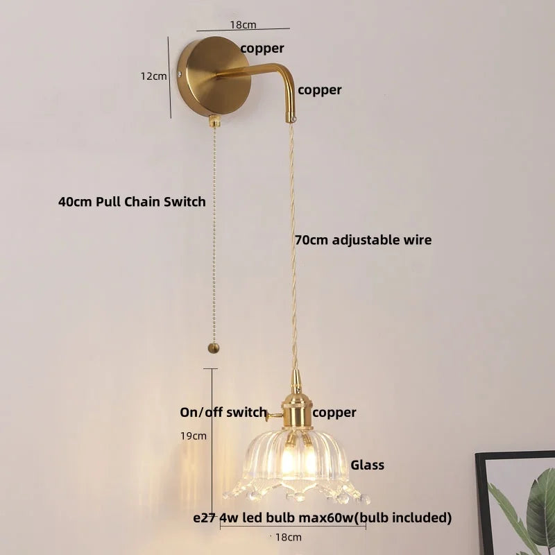 Afralia™ Copper LED Glass Wall Sconce with Pull Chain Switch for Living Dining Room