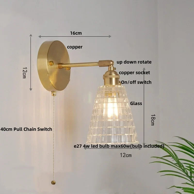 Afralia™ Flower Glass Pull Chain Wall Sconce, Rotatable Copper LED Stair Light