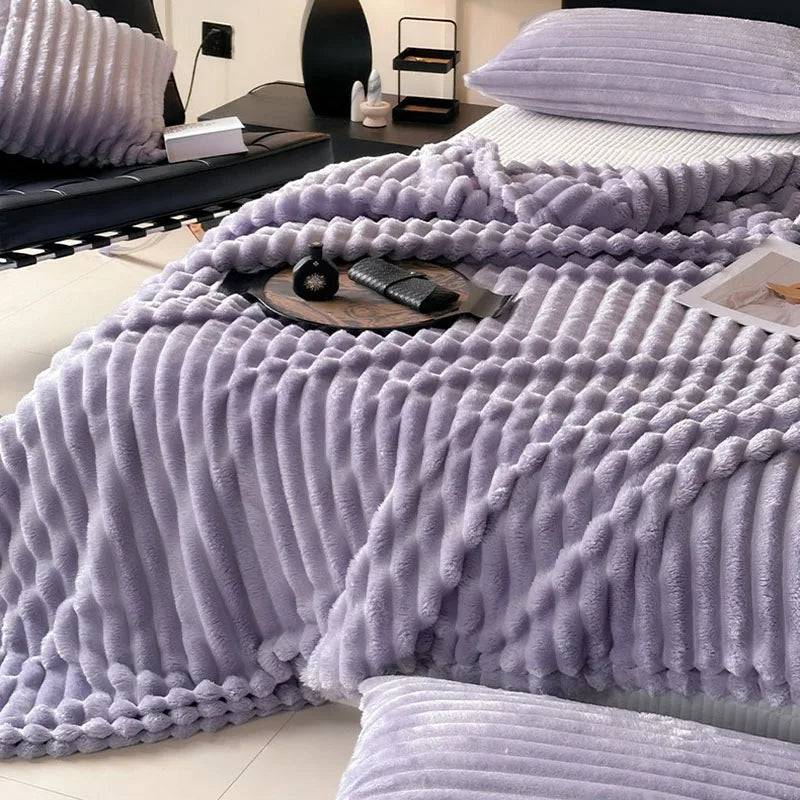 Afralia™ Cozy Coral Fleece Striped Solid Blanket for Winter Sofa Cover Queen King Sizes