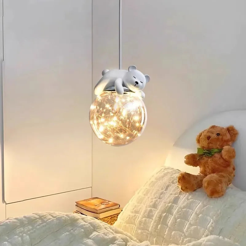 Afralia™ Glass Children Room Chandelier: White Bear Bunny Lamp for Modern Baby Boy Girl Bedroom