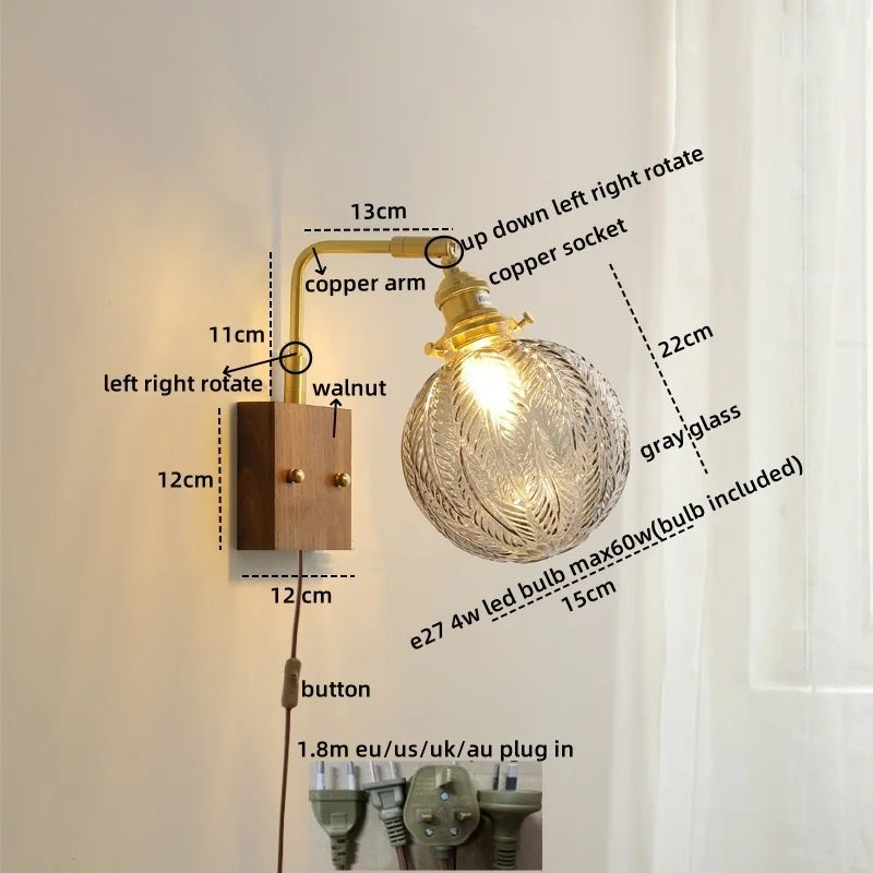 Afralia™ Glass Copper LED Wall Lights Modern Bedside Lamp Applique Da Parete