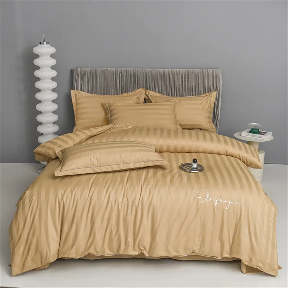 Afralia™ Nordic Grey Stripes Egyptian Cotton Bedlinens Set for Queen King Size