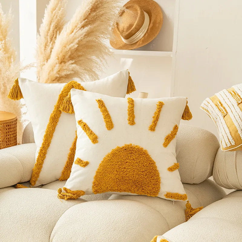 Afralia™ Golden Yellow Geometric Tufted Tassel Cushion Cover - Modern Boho Home Decor