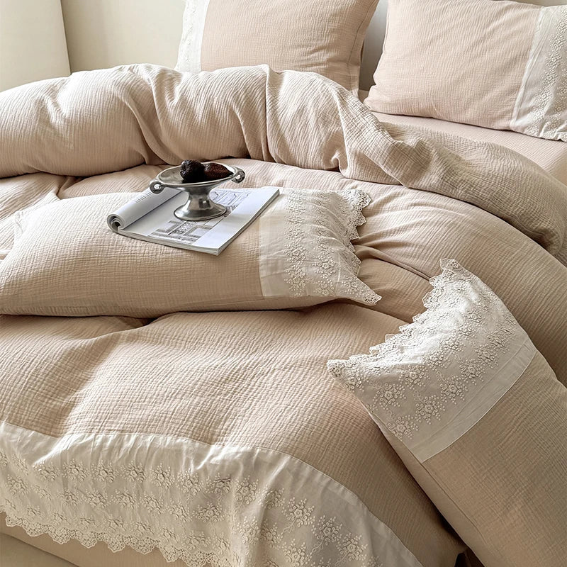 Afralia™ French Lace Cotton Bedding Set: Duvet, Sheet, Pillowcases, 4Pc