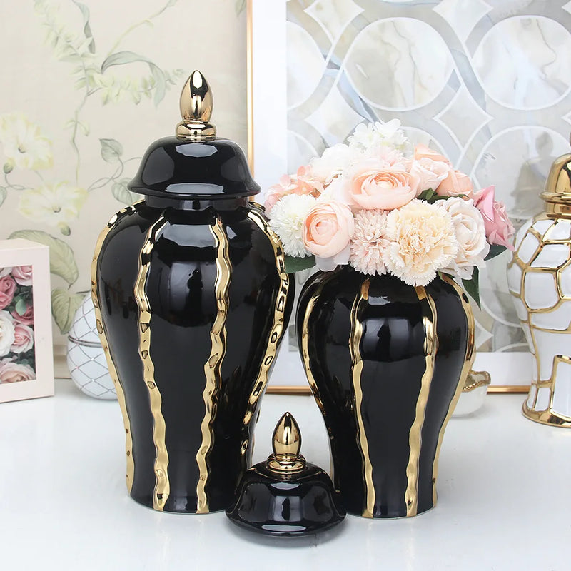 Afralia™ Black Gold Ceramic Pot Vintage Bottle Flower Vase Home Decoration