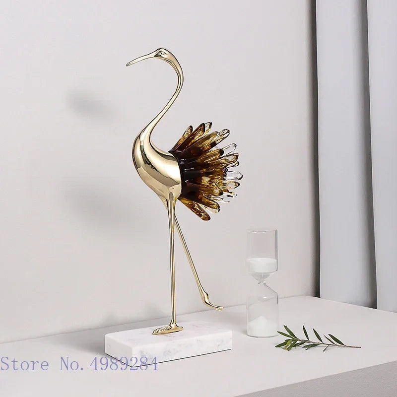 Afralia™ Crane Golden Bird Agate Marble Crystal Home Decor Craft Statue