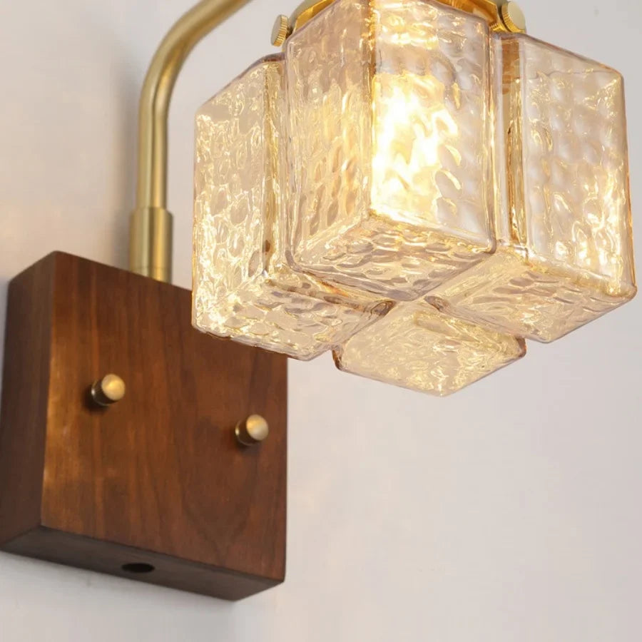 Afralia™ Amber Glass LED Wall Sconce with Walnut Wood, Pull Chain Switch for Living Room