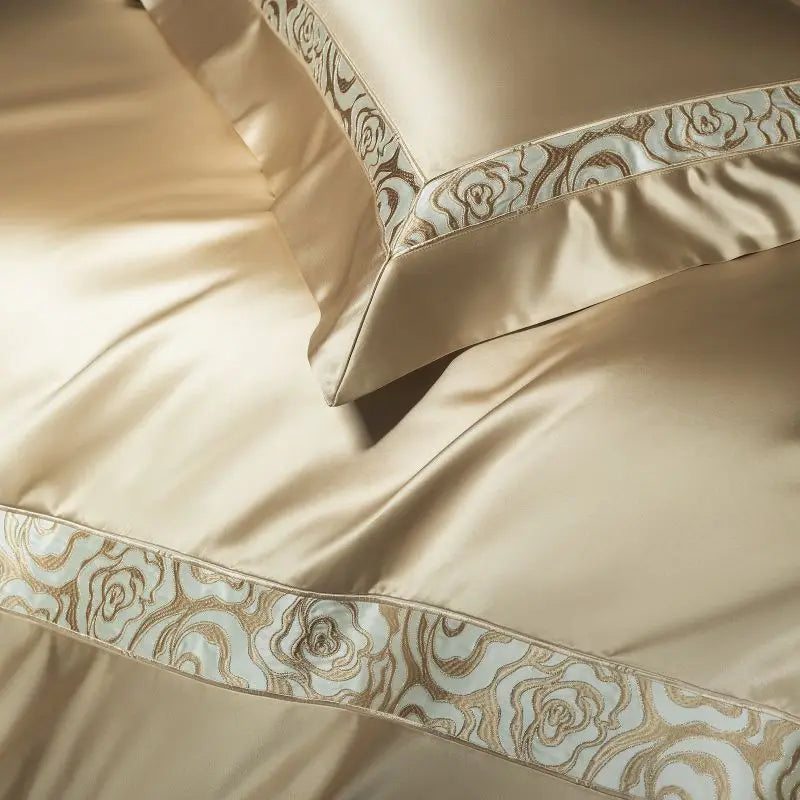 Afralia™ Satin Brocade Luxe Embroidery Bedding Set Champagne Cotton Duvet Cover Bed Sheet Pillowcases