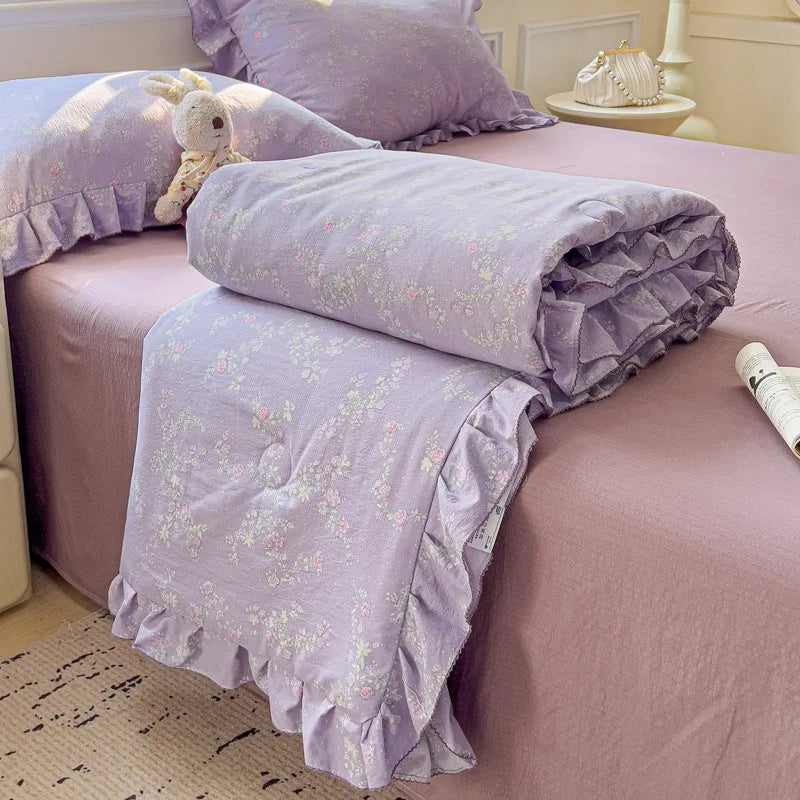 Afralia™ Korean Cotton Patchwork Quilt with Lace and Ruffle for Summer