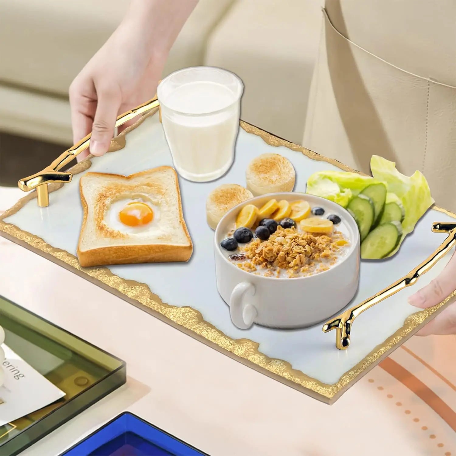 Afralia™ Marble Vanity Tray with Golden Accents, Elegant Serving Tray for Home Décor and Organization