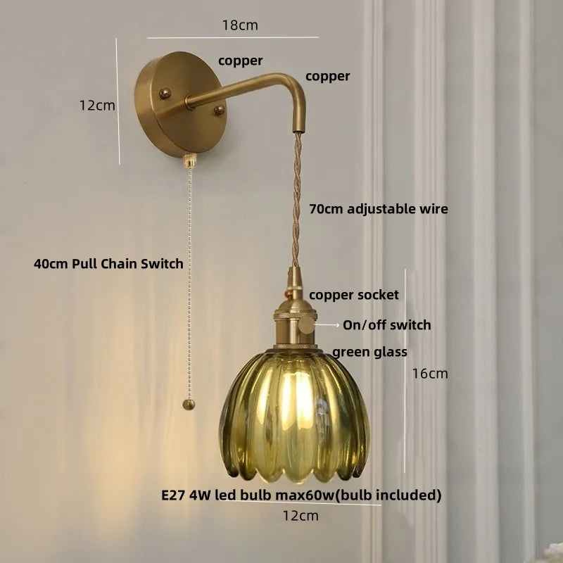 Afralia™ Smoke Gray Glass LED Wall Light Fixture Minimalist Pull Chain Switch Bedside Lamp