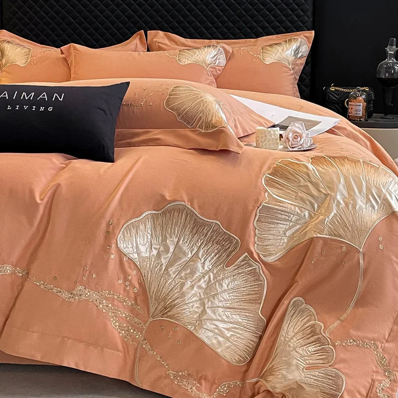 Afralia™ Gold Ginkgo Leaf Embroidery Bedding Set - 100% Cotton Luxury 4Pcs