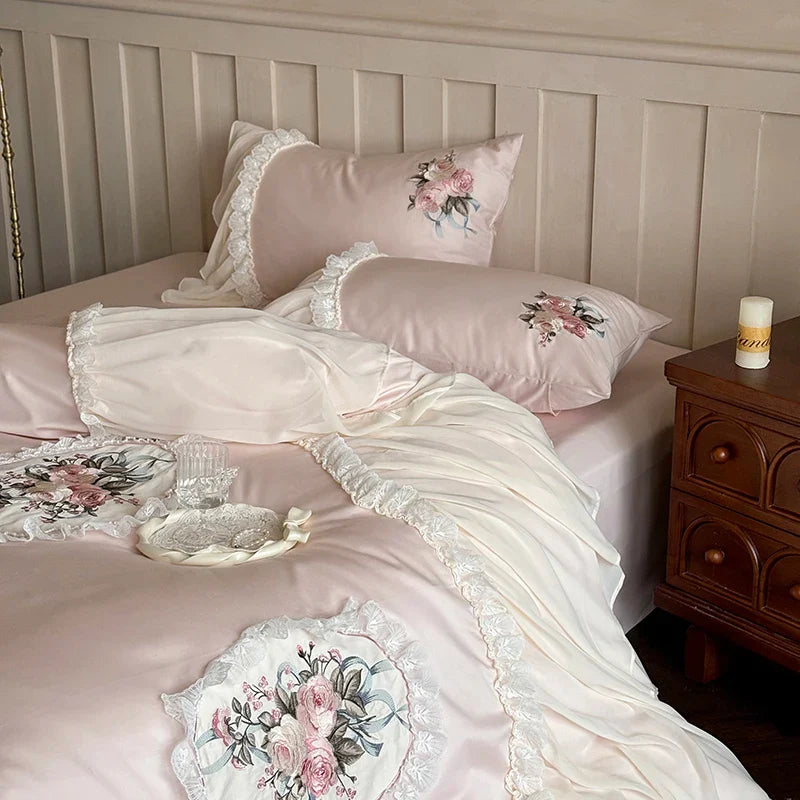 Afralia™ Pink Flowers Lace Ruffles Wedding Bedding Set 1000TC Egyptian Cotton Décor