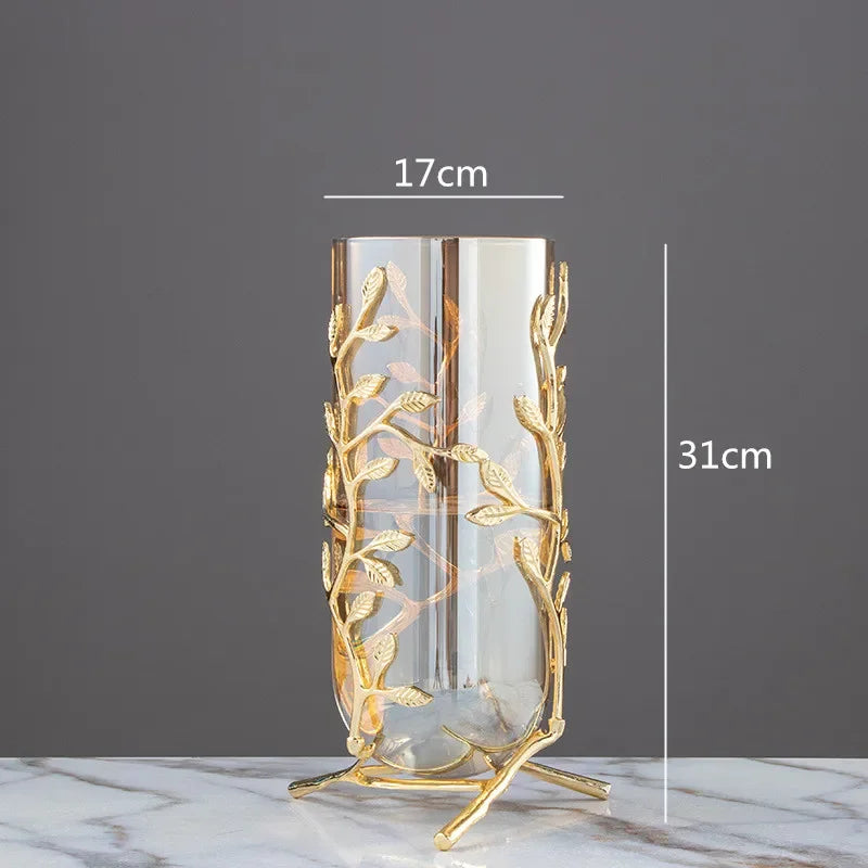 Afralia™ Gold Frame Glass Vase with Rattan Branches for Home Decor & Flower Arrangement